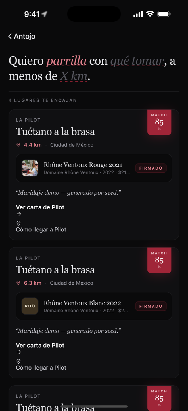 App Cavawise — Antojo: sugerencias de vinos cerca de ti
