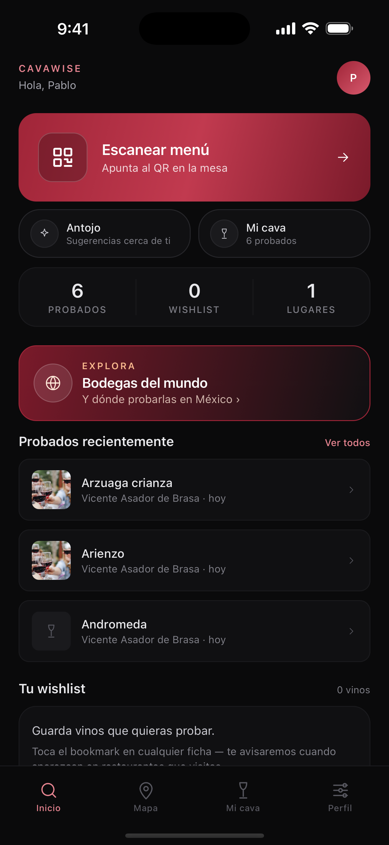 Cavawise app — Mi Cava: probados, wishlist y lugares cercanos del comensal
