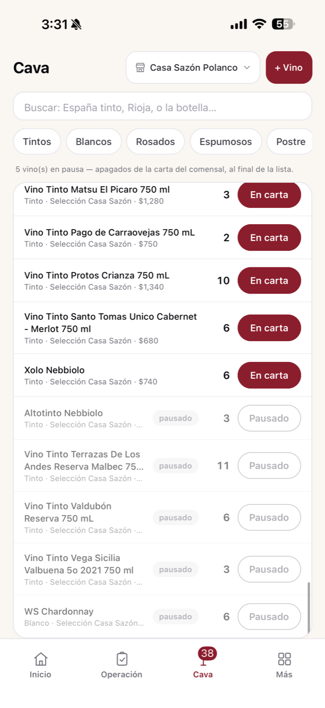 CW Operación — cava y 86 en vivo por sucursal