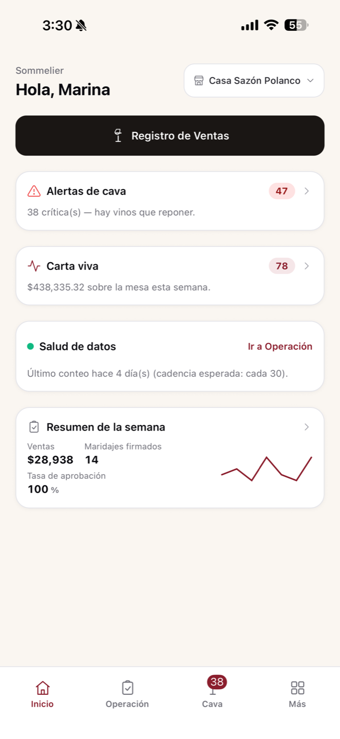 CW Operación — inicio con módulos de operación de cava
